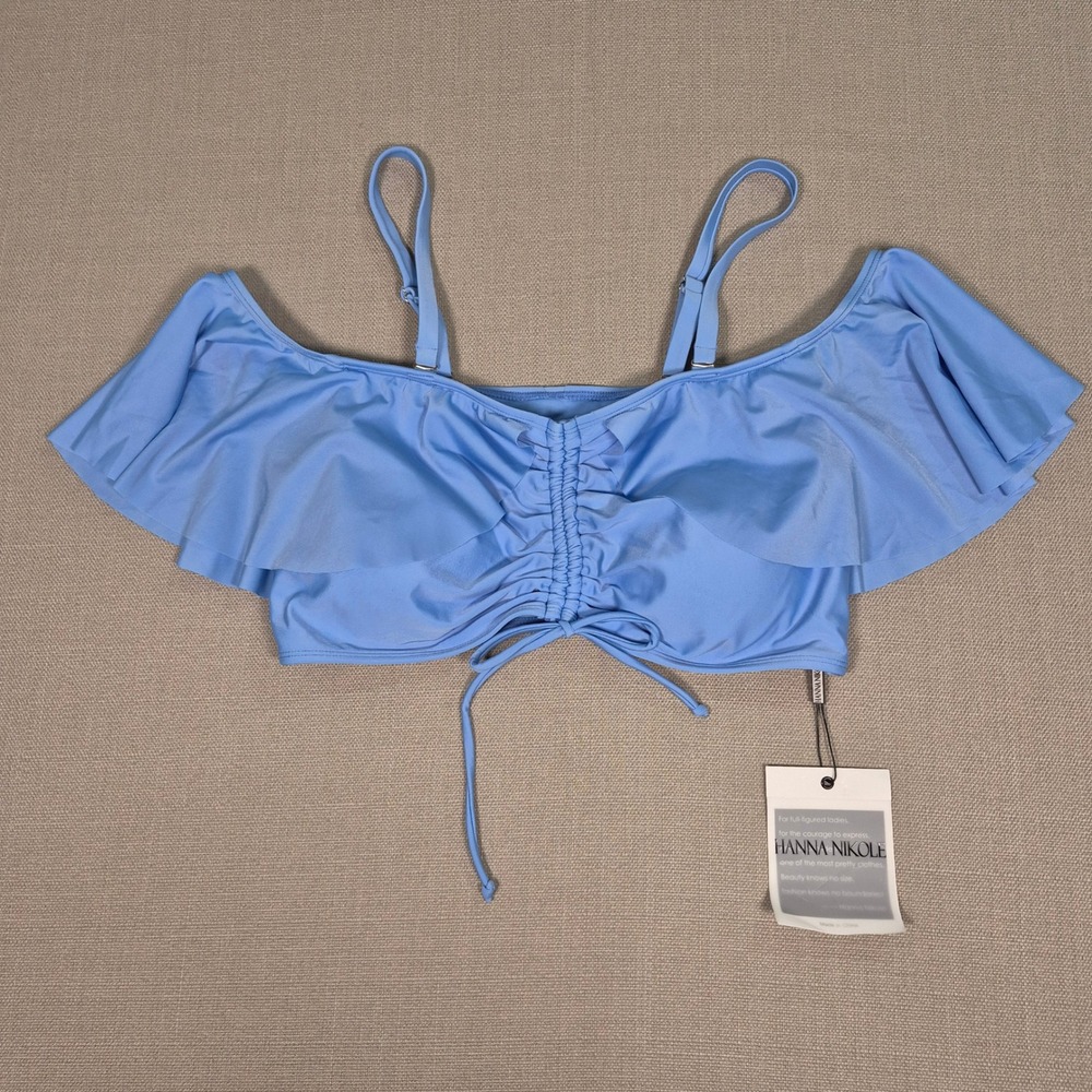 Hanna Nikole Blue Ruffle Off Shoulder Bikini Top Drawstring Swimwear Size 14W